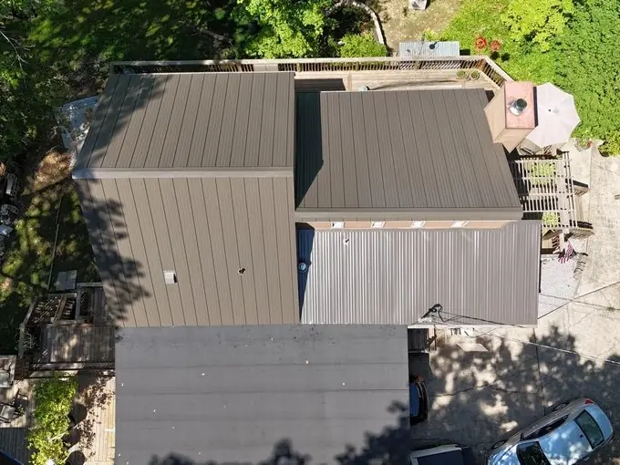 Aerial view of a new metal roof system on a commercial building in Middle Tennessee