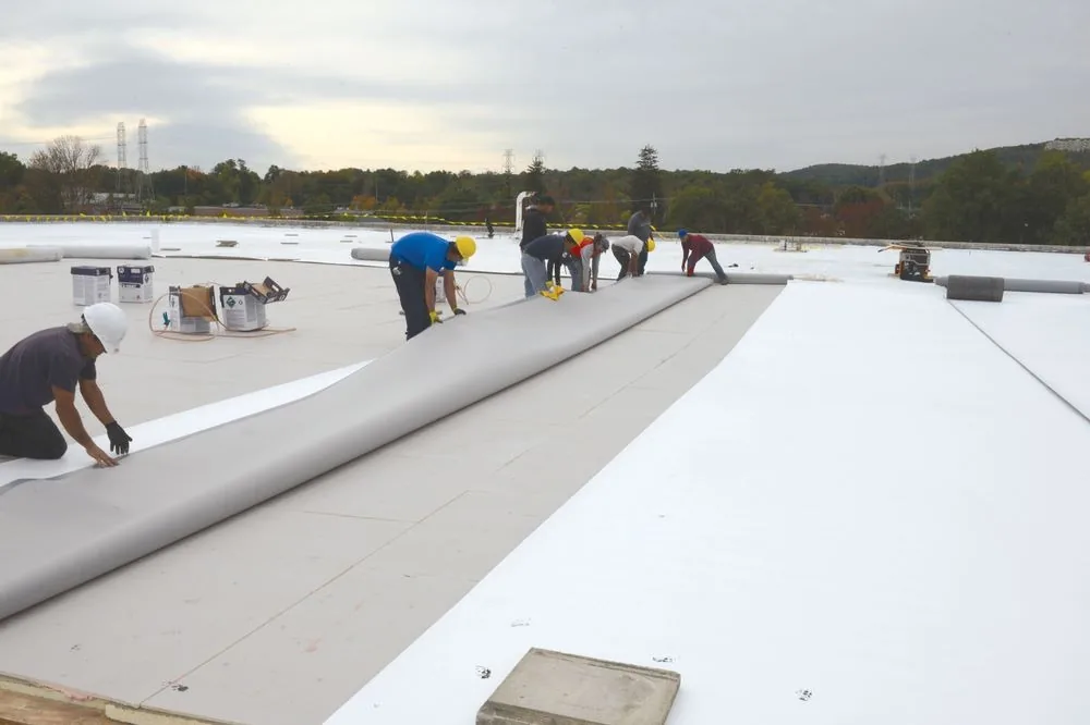 Three Stone crew installing a TPO commercial roofing system