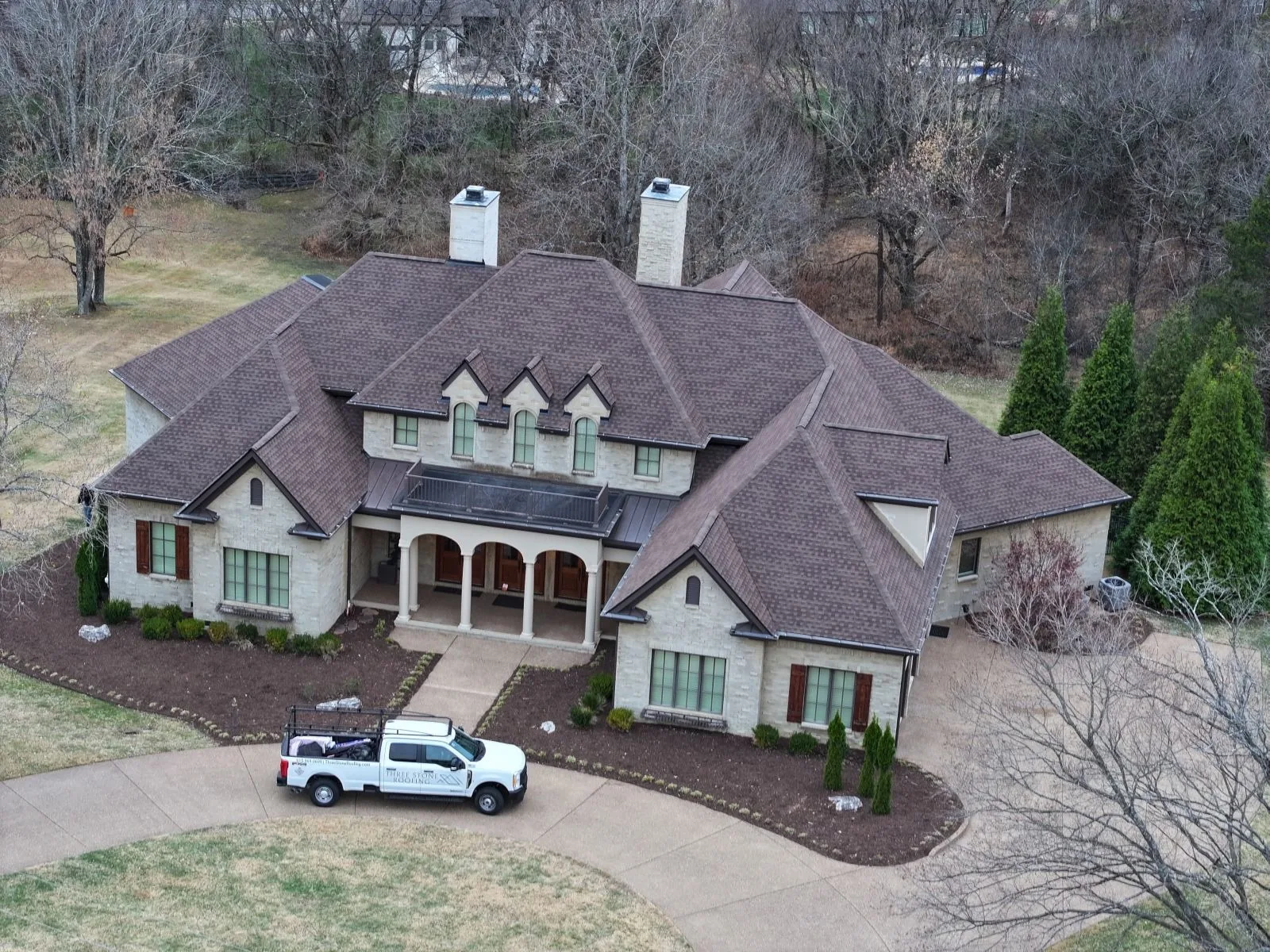 Aerial view of a completed Three Stone roof replacement in Williamson County, TN
