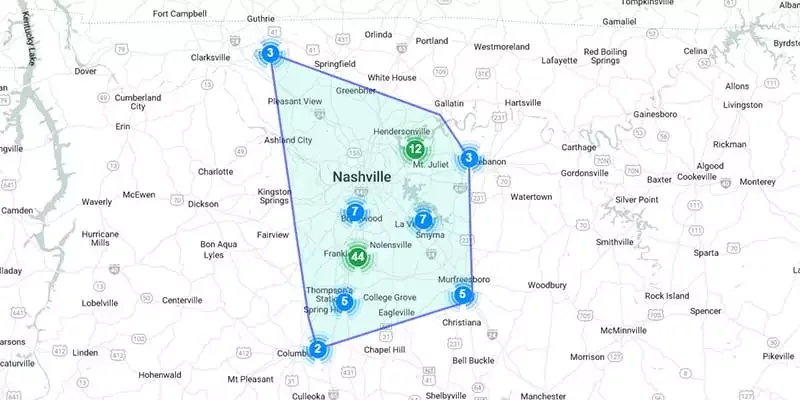 Map of the Three Stone service area across Middle Tennessee
